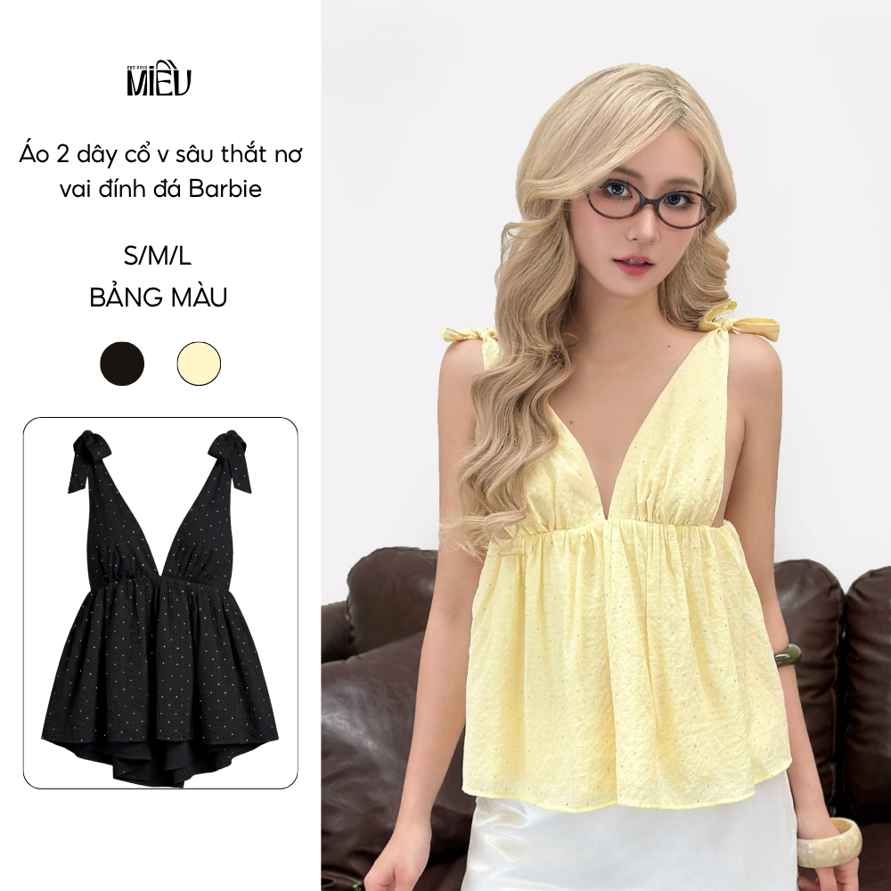 Áo 2 dây cổ v sâu thắt nơ vai đính đá Barbie Miều Est.2013 áo kiểu hai dây đính đá