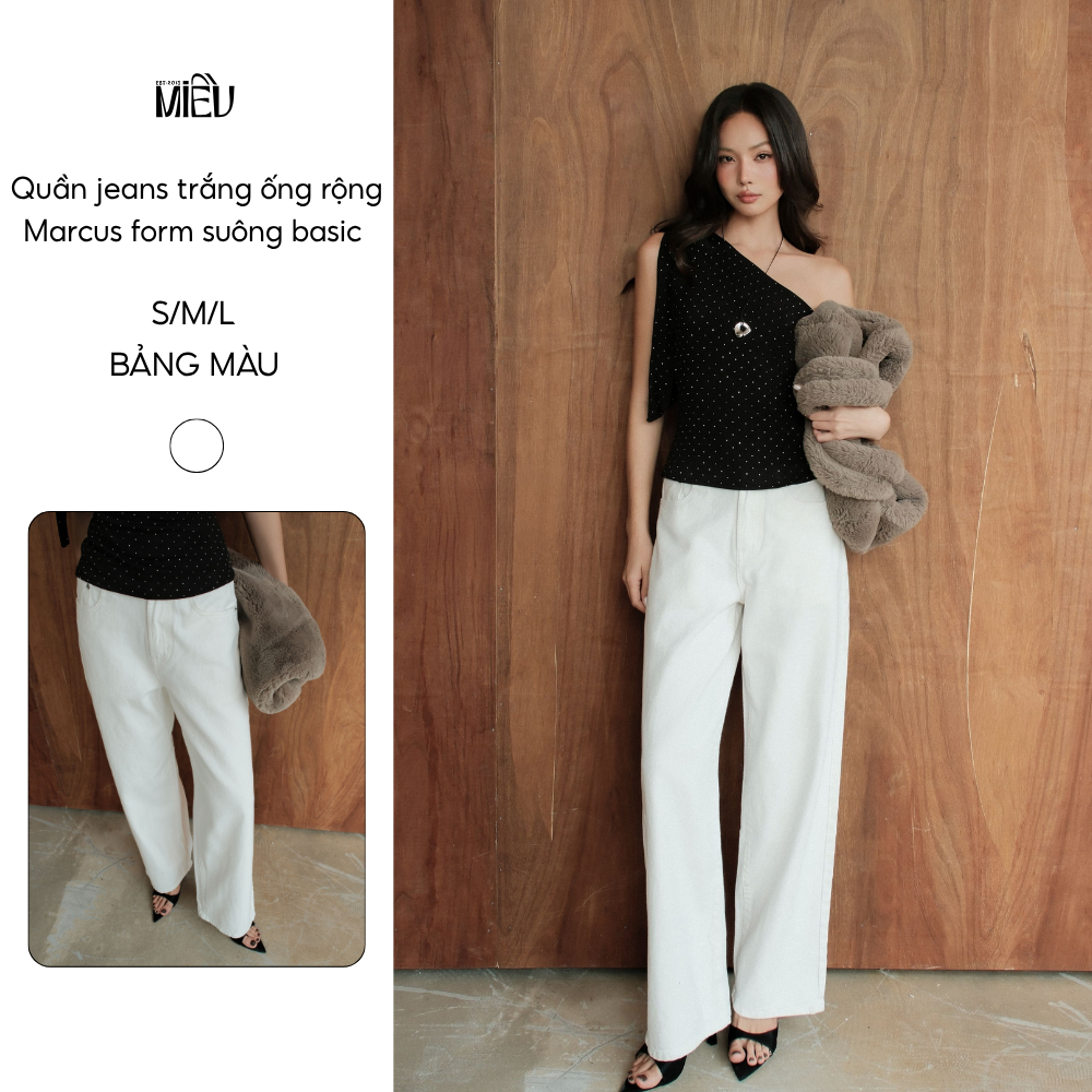 Quần jeans trắng ống rộng Marcus Miều Est.2013 lưng cao form suông basic chất dày đứng dáng