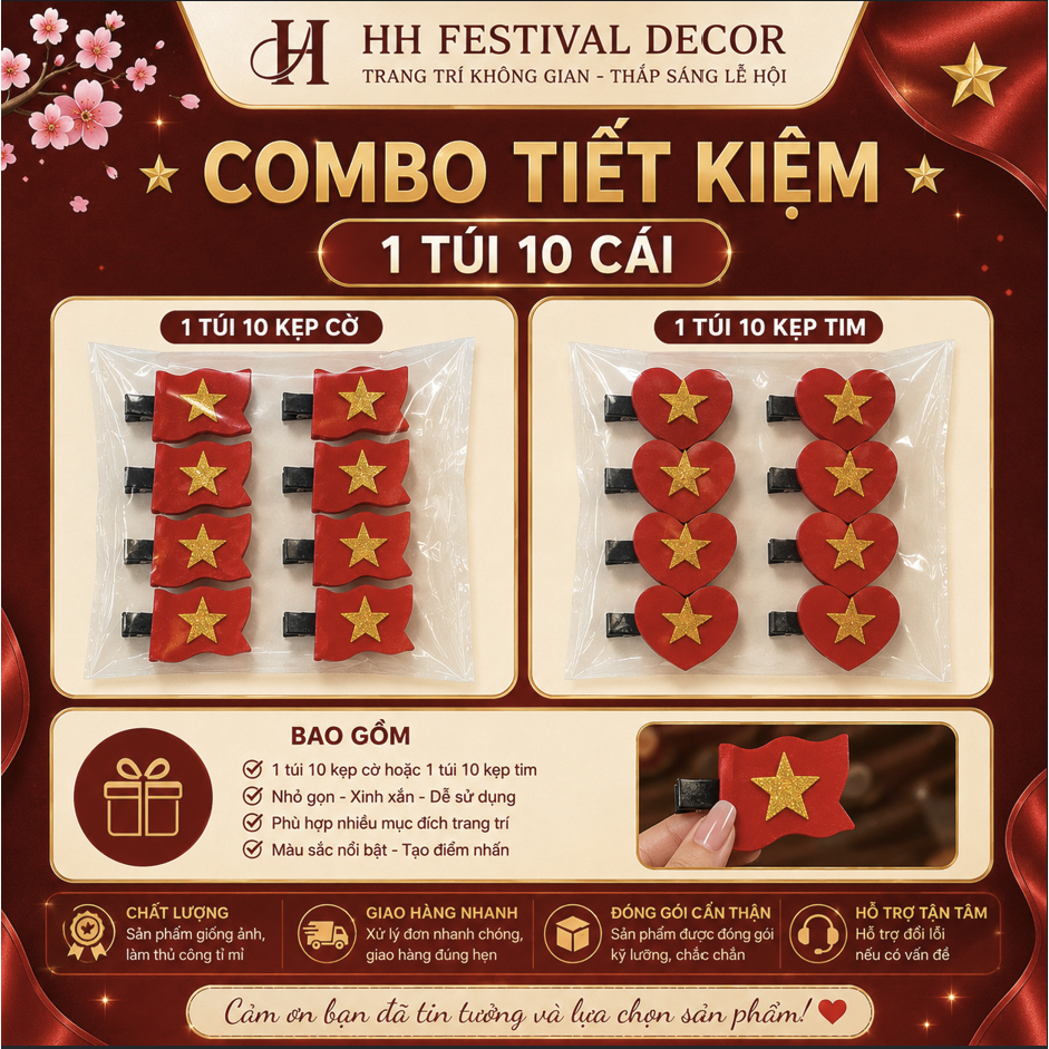 Set 10 Kẹp Tóc Kẹp Ngực Cờ Đỏ Sao Vàng Cài Áo Cài Tóc Xinh xắn Cổ Vũ Quốc Khánh 2/9 Sự Kiện Lễ Hội