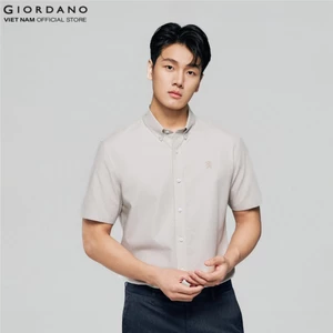 GIORDANO Áo Sơ Mi Nam Ngắn Tay Thêu Logo Sư Tử Cotton Oxford Lion Shirt 01046283