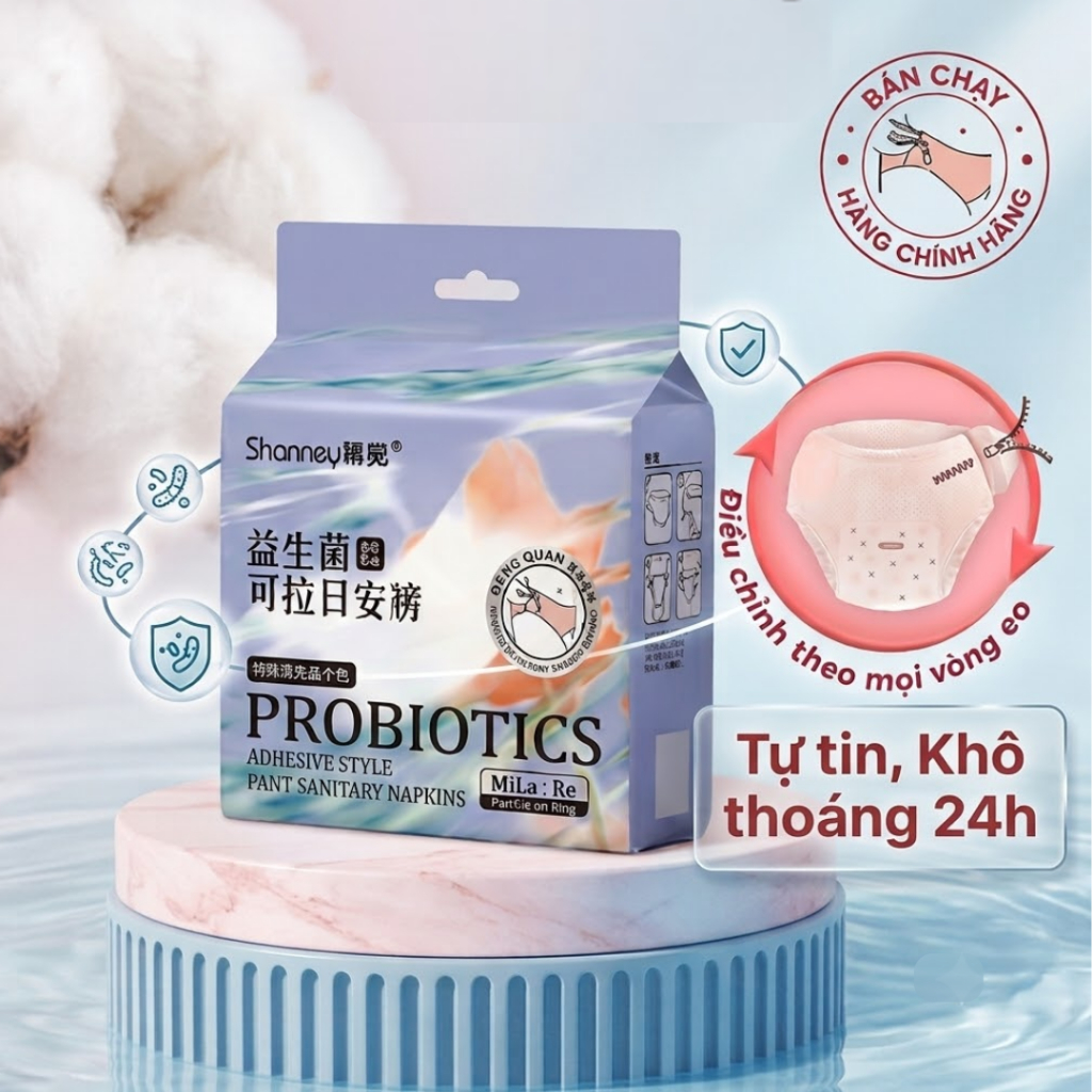 Băng vệ sinh dạng quần Shanney TPU xé dán điều chỉnh theo mọi vòng eo, thấm hút vượt trội, an toàn cho da.