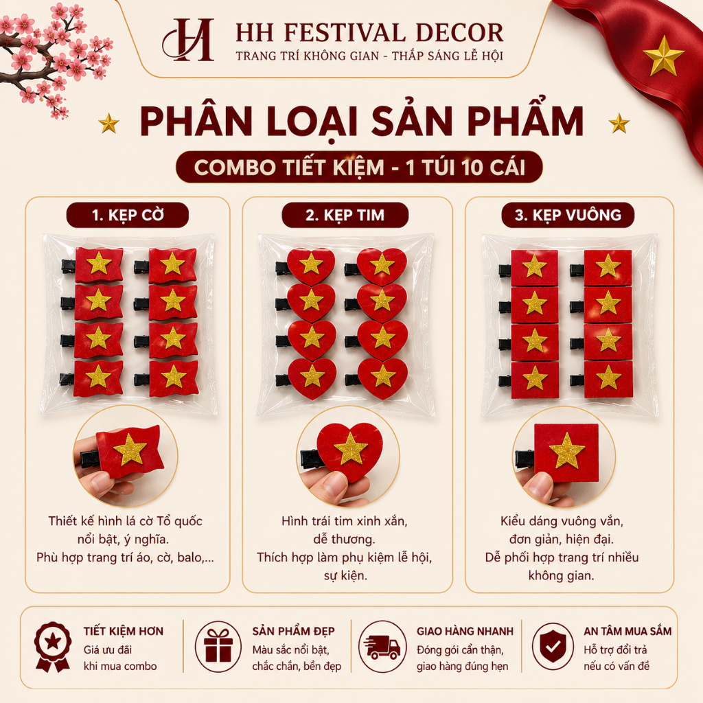 Set 10 Kẹp Tóc Kẹp Ngực Cờ Đỏ Sao Vàng Cài Áo Cài Tóc Xinh xắn Cổ Vũ Quốc Khánh 2/9 Sự Kiện Lễ Hội