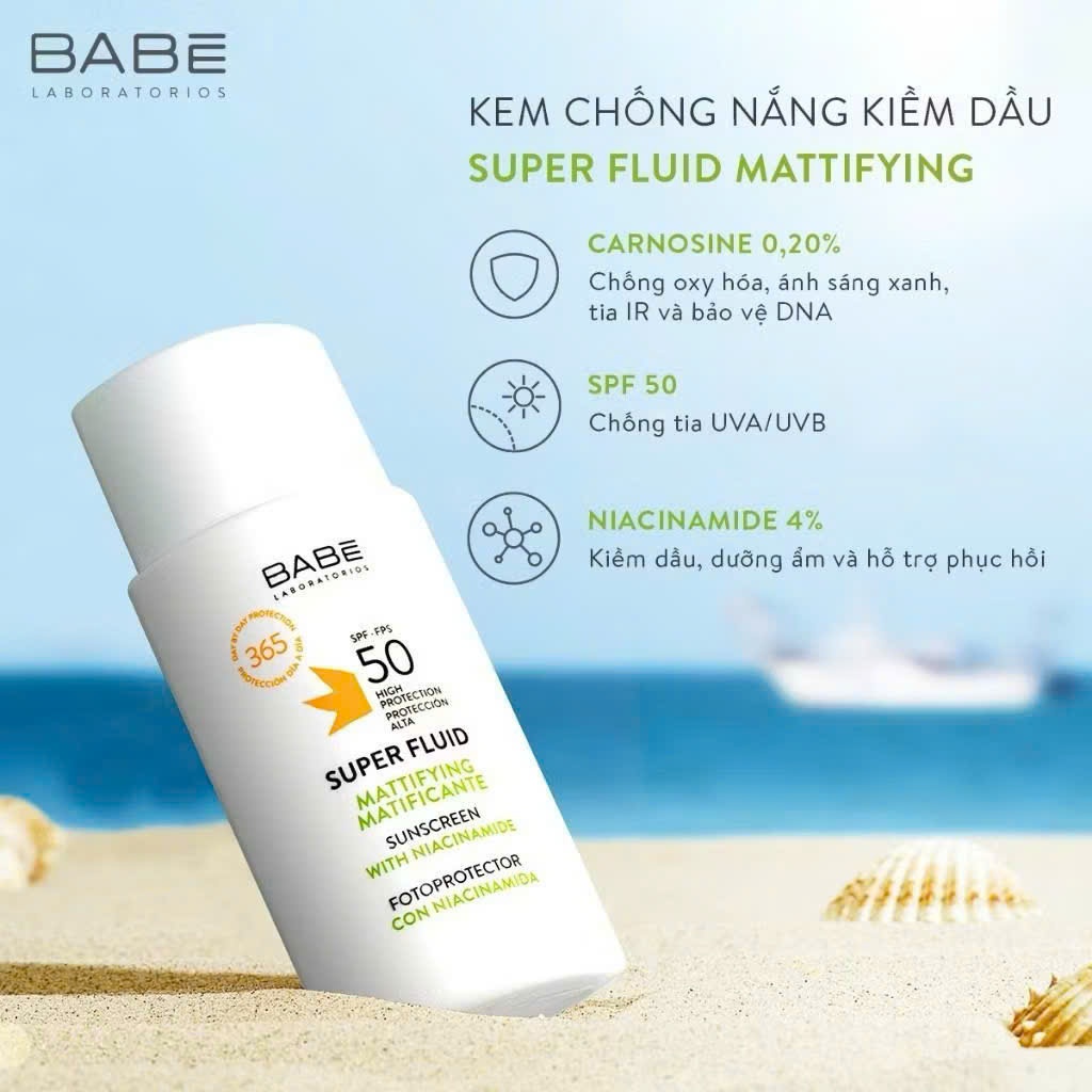 [HÀNG CÔNG TY] Kem Chống Nắng Babe Super Fluid Mattifying SPF 50+ Da Dầu, Mụn, Chống Nước