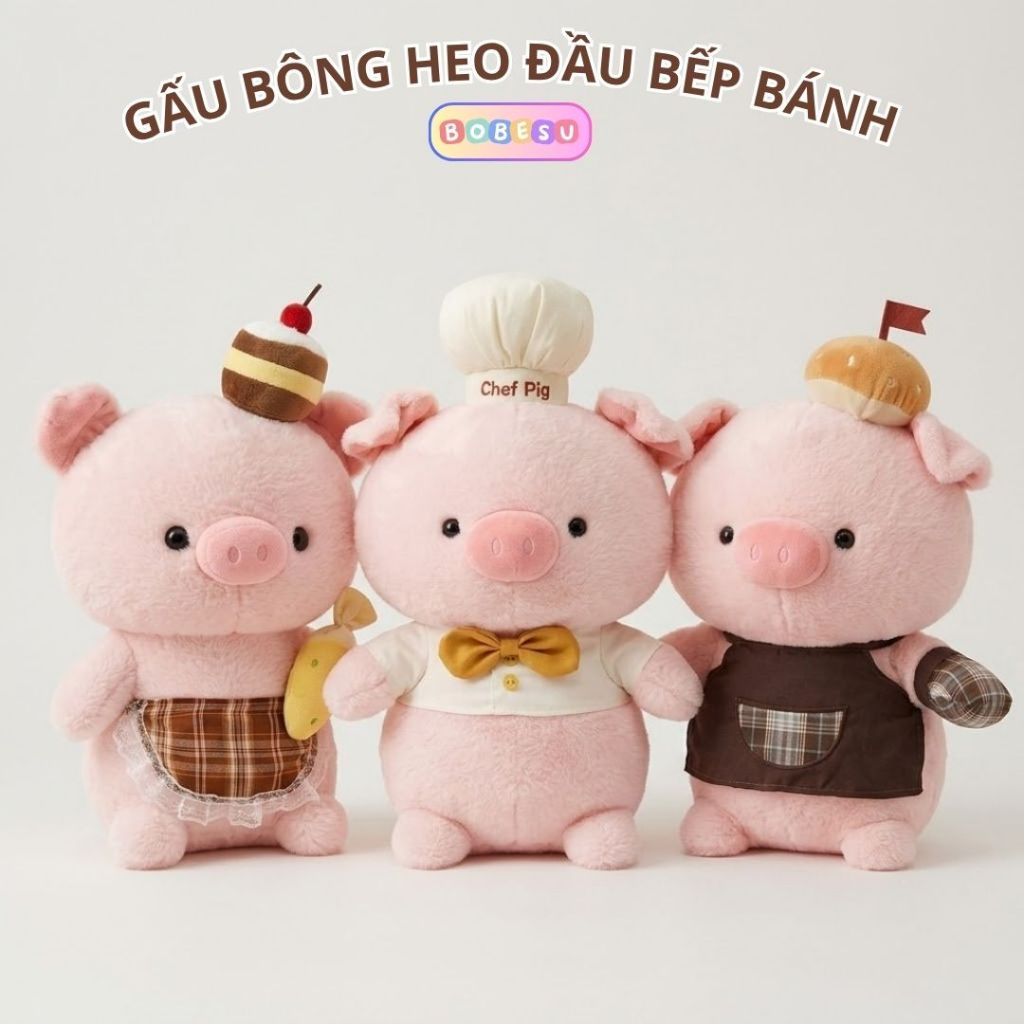 Gấu Bông Heo/Lợn Đầu Bếp Bánh Siêu Đáng Yêu, Thú Nhồi Bông Lợn Hồng Mặc Tạp Dề Lông Thỏ Mềm Mịn Cao Cấp