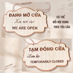 Bảng gỗ song ngữ We Are Open, Temporarily Closed, đang mở cửa, tạm đóng cửa, Có sẵn dây treo khắc theo yêu cầu
