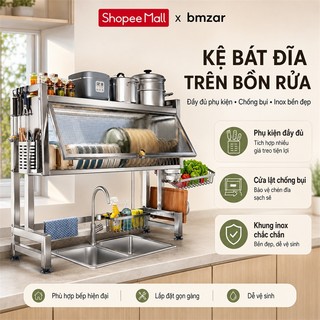 BMZAR Kệ Để Chén Đĩa Inox Có Nắp Đậy Kệ để chén bát Trên Bồn Rửa Bát Đa Năng Kệ úp chén inox