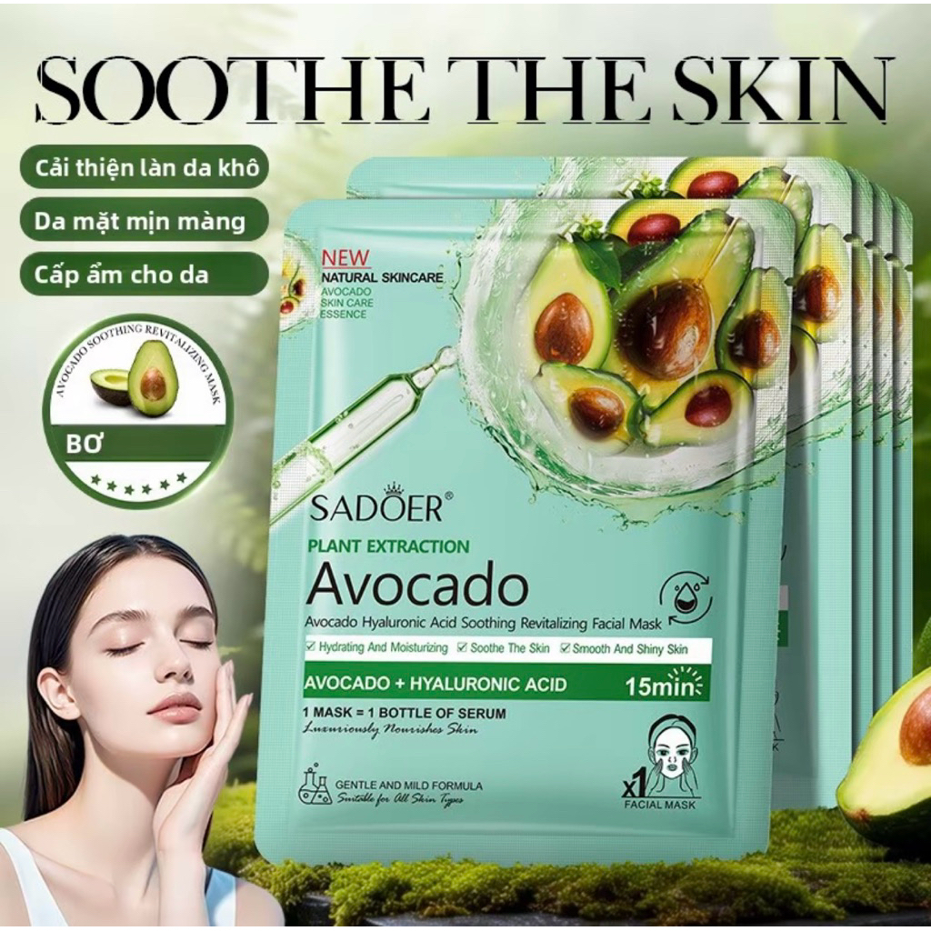 [XẢ LỖ LẤY TƯƠNG TÁC] Combo 10 Miếng Mặt Nạ Giấy SADOER Chiết Xuất Trái Cây (Bơ, Lựu, Trà Xanh) Dưỡng Ẩm Cấp Nước Cho Da