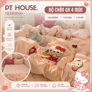 Bộ Chăn Ga Gối Đũi Dệt Lady Cat 4 Món Cao Cấp - Set Mền Ga Giường Cotton Đũi Công Nghệ 5D Hình Mèo Dễ Thương Mùa Hè