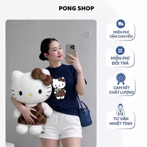 Bộ thun Nữ PONG Áo phông Hello Kitty,Cổ Tròn,Tay Ngắn,Phối Quần short,Chất Cotton Cao Cấp - CP_21555