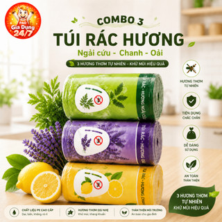 Combo 3 Cuộn Túi Rác Có Dây Rút 150 Túi Ngải Cứu Oải Hương Chanh Khử Mùi Đuổi Côn Trùng 45x50cm