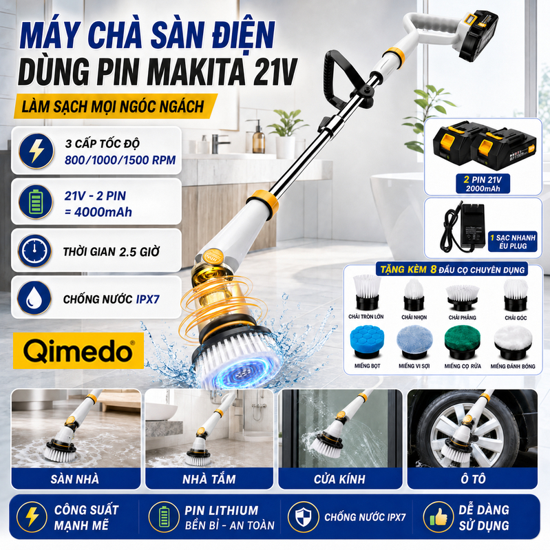 Qimedo Máy Chà Sàn Điện 21V Pin Makita 2 Pin 1 Sạc 8 Đầu Chải 3 Tốc Độ Vệ Sinh Nhà Tắm Sàn Nhà Ô Tô