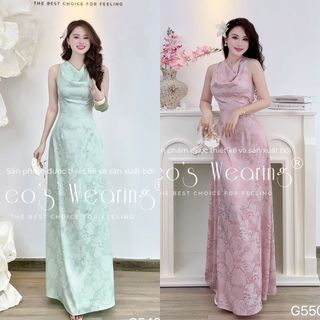 Đầm Lụa Gấm Hoa Thời Thượng LEOSWEARING Thiết Kế Cổ Đổ Dáng Dài Họa Tiết Hoa Hồng G488 G489