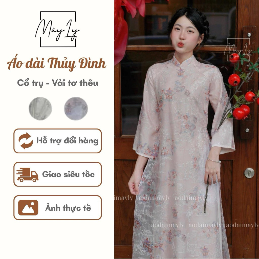 Áo Dài Thủy Đình Tơ Thêu 4 Tà Dáng Suông Cách Tân Cổ Truyền Thống 2.5P Siêu Xinh - ÁO DÀI MÂY LY