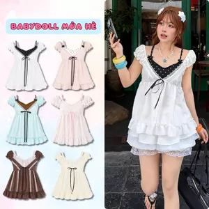 Áo Babydoll cổ V phối yếm dáng xoè GUMIE tay bí phồng mùa hè - A26GM