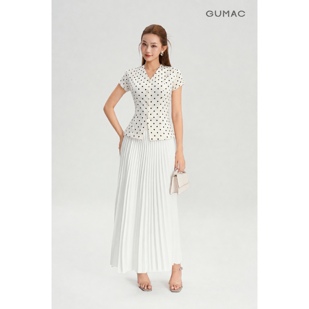 Áo Peplum Nữ GUMAC Form Ôm Cổ V Tay Ngắn Chất Poly Chấm Bi Đứng Form Đính Nút Vân Thanh Lịch LAG06044