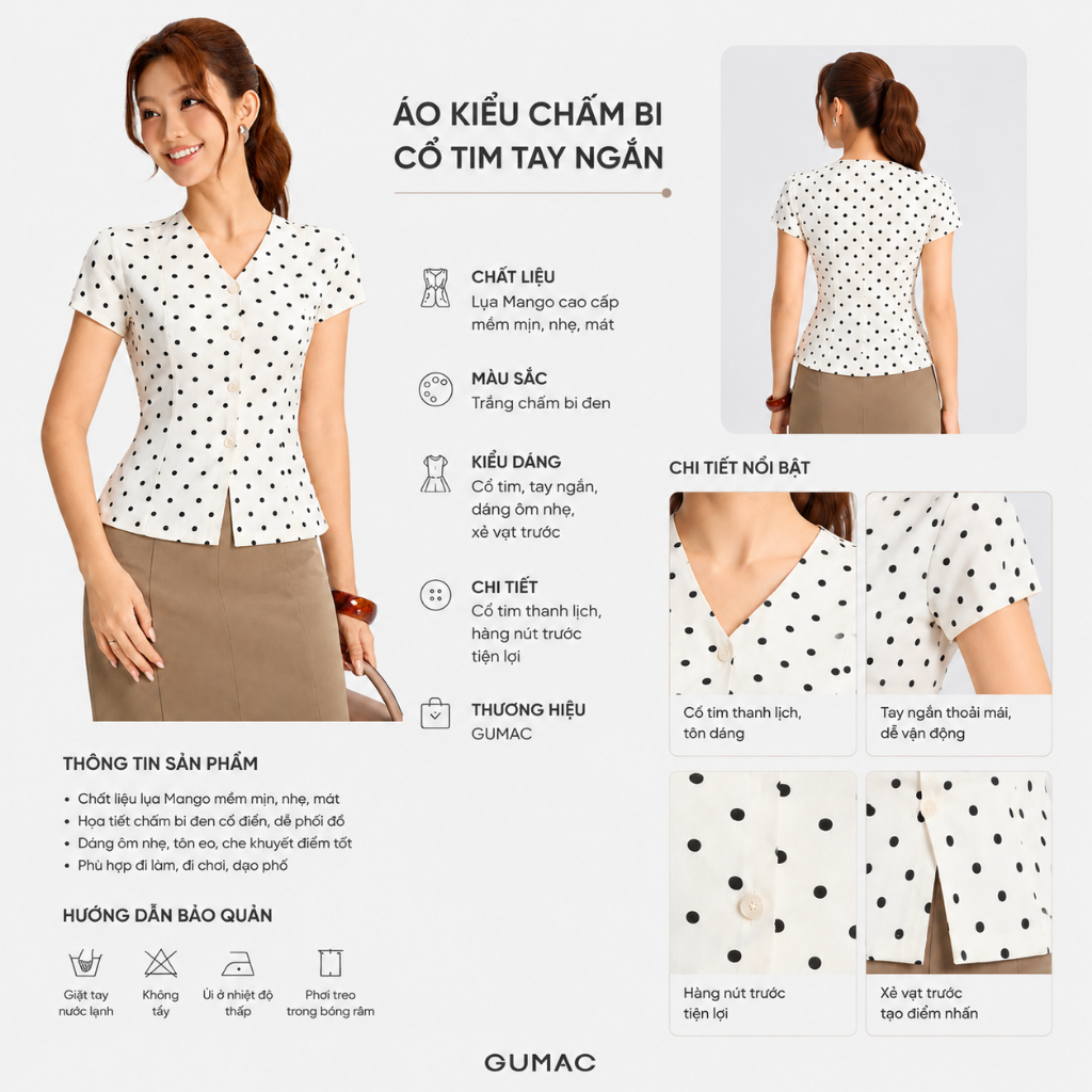 Áo Peplum Nữ GUMAC Form Ôm Cổ V Tay Ngắn Chất Poly Chấm Bi Đứng Form Đính Nút Vân Thanh Lịch LAG06044