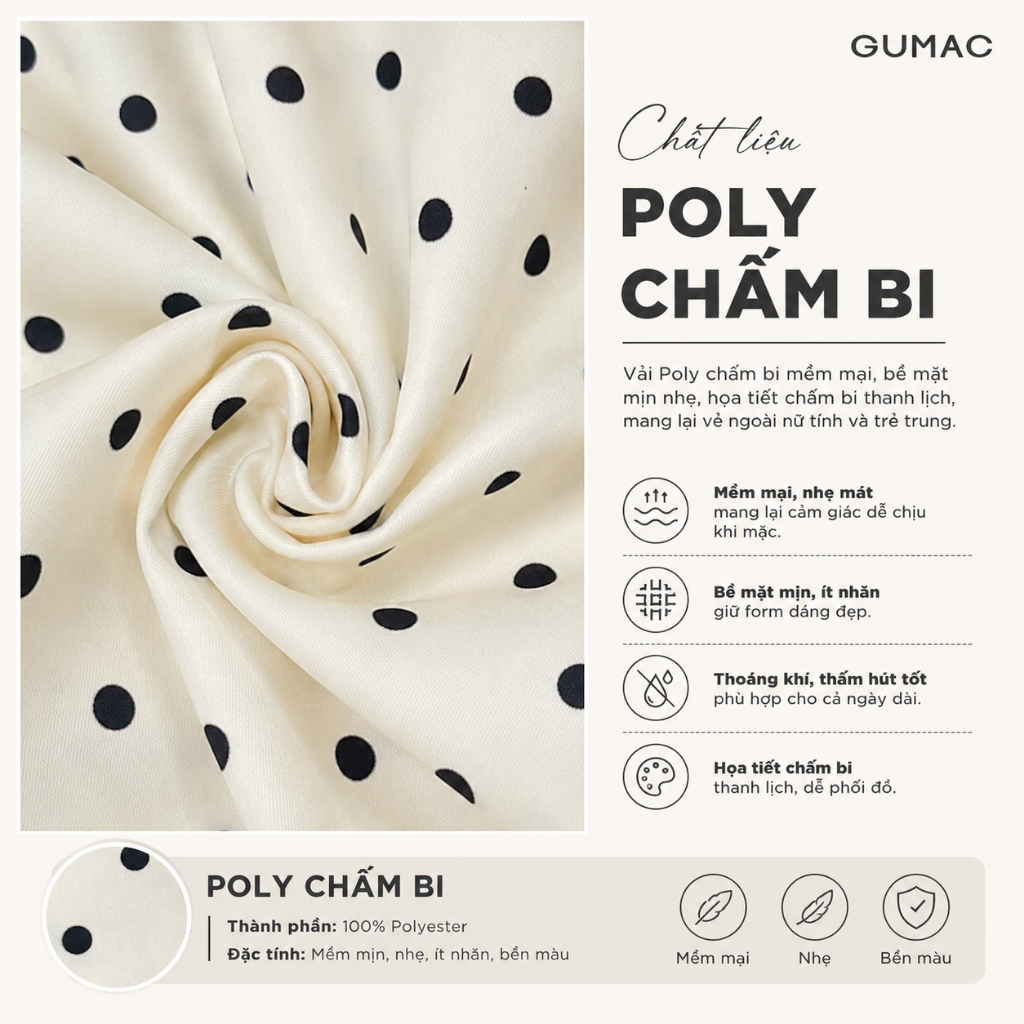 Áo Peplum Nữ GUMAC Form Ôm Cổ V Tay Ngắn Chất Poly Chấm Bi Đứng Form Đính Nút Vân Thanh Lịch LAG06044
