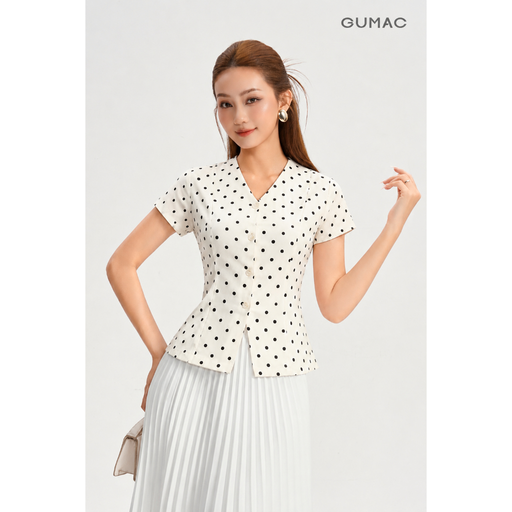 Áo Peplum Nữ GUMAC Form Ôm Cổ V Tay Ngắn Chất Poly Chấm Bi Đứng Form Đính Nút Vân Thanh Lịch LAG06044