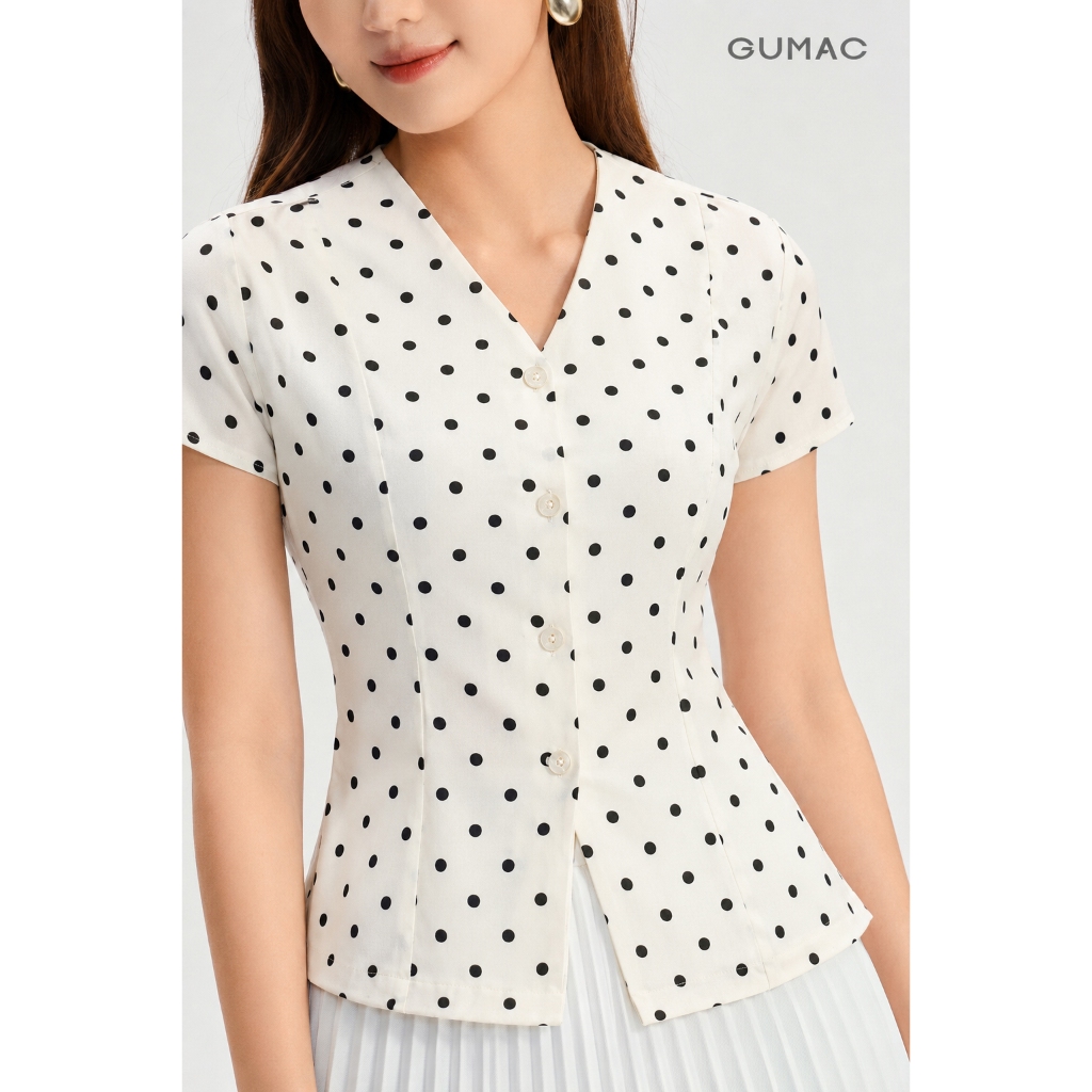 Áo Peplum Nữ GUMAC Form Ôm Cổ V Tay Ngắn Chất Poly Chấm Bi Đứng Form Đính Nút Vân Thanh Lịch LAG06044