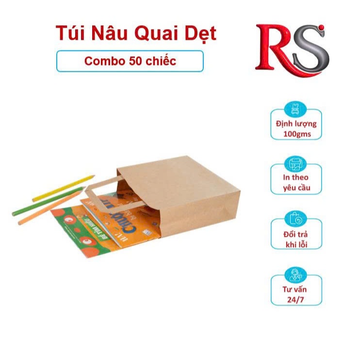 Set 50 Túi giấy Kraft Nâu Quai Dẹt đựng đồ size to