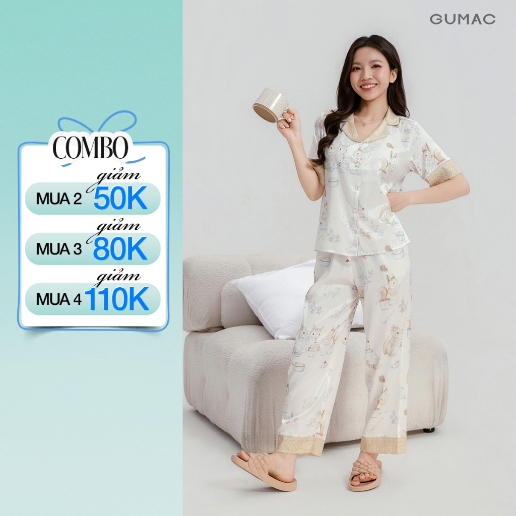 Bộ ngủ nữ Pyjama mặc nhà cao cấp GUMAC quần dài chất liệu lụa vân gỗ mềm mịn thoáng mát