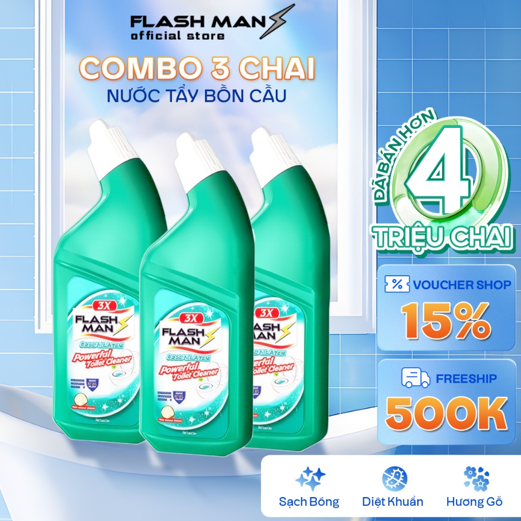 [COMBO 3 CHAI] Nước Tẩy Bồn Cầu Flashman 500g – Diệt Khuẩn 99.9% – Khử Mùi, Tẩy Sạch Vết Bẩn