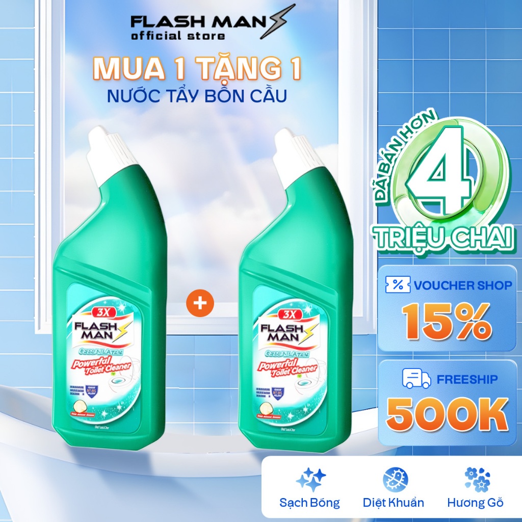 [MUA 1 TẶNG 1] Nước Tẩy Bồn Cầu Flashman 500g – Diệt Khuẩn 99.9% – Khử Mùi, Tẩy Sạch Vết Bẩn