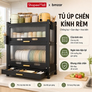 Tủ Dựng Chén Bát Dĩa thép carbon Chống bụi 360° Kệ Dựng Bát Dĩa Khay xả và ngăn kéo ở mỗi tầng