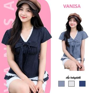 Áo sơ mi ngắn tay babydoll cổ v phối ren dính nơ xinh có dây eo chất voan  xanh trắng VANISA SMS565