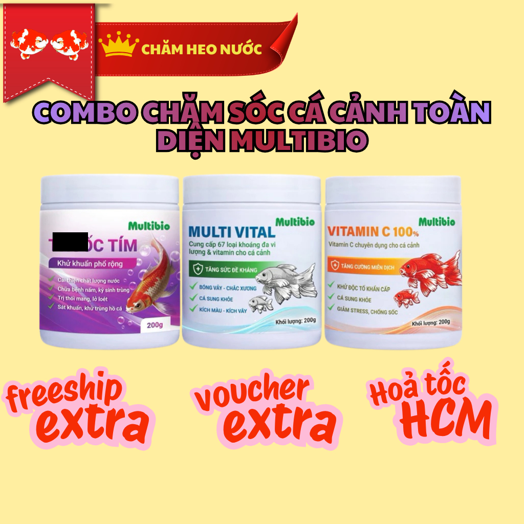 Bộ 3 Combo chăm sóc cá cảnh toàn diện MULTIBIO - bột tím, Khoáng tổng hợp và Vitamin C