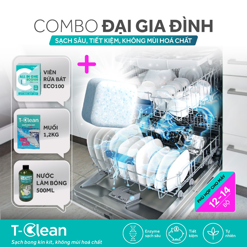 Viên Rửa Bát All in one T-Clean, Sạch sâu, Không mùi nồng, Tp tự nhiên,Hộp 100v cho máy >10b