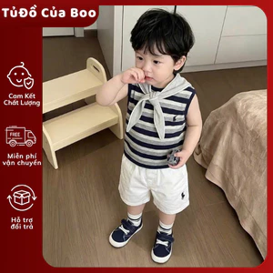 Set Bé Trai Mùa Hè Áo Ba Lỗ Sọc Ngang [Kèm Khăn Quàng Cổ] Thời Trang Hàn Quốc Cho Bé 7-17kg A46