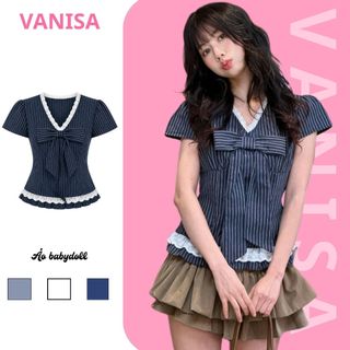 Áo babydoll nữ bánh bèo cổ v phối nơ xinh vải voan có dây eo sọc xanh trắng VANISA SMS565