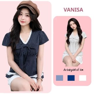 Áo babydoll cổ v phối ren đính nơ bánh bèo chất voan ngắn tay trắng xanh hàn quốc VANISA SMS565