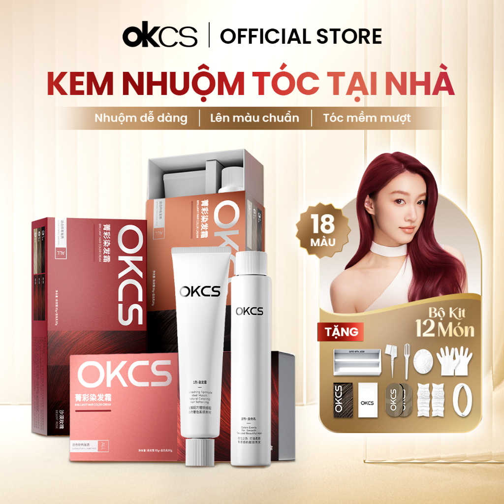 Kem nhuộm tóc tại nhà OKCS – Không cần tẩy, màu lên đều, chuẩn salon, phủ bạc tự nhiên, an toàn, giảm hư tổn cho tóc