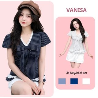Áo nữ ngắn tay cổ v phối ren dáng babydoll bánh bèo chất voan mềm xanh trắng VANISA SMS565