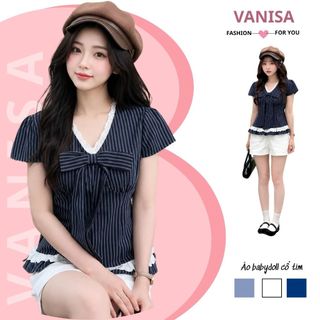 Áo ngắn tay nữ dáng babydoll cổ v phối ren xinh có dây eo ôm dáng trắng xanh VANISA SMS565