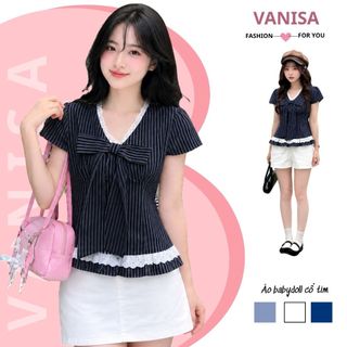 Áo babydoll nữ tay ngắn cổ v phối ren đính nơ bánh bèo trắng xanh đậm xanh nhạt VANISA SMS565