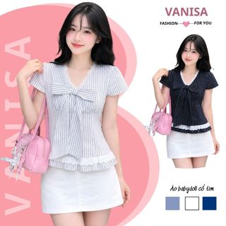 Áo sơ mi cổ v phối ren có dây eo ngắn tay chất voan mềm trắng xanh VANISA SMS565