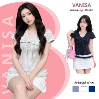 Áo sơ mi nữ babydoll ngắn tay chất voan cổ tim nơ bản to kẻ sọc màu trắng xanh VANISA SMS565