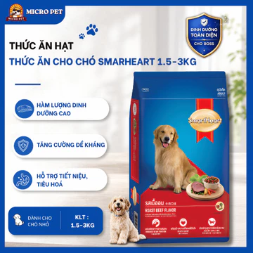 Hạt Cho Chó SmartHeart,Thức Ăn Hạt Cho Chó Vị Bò Nướng - Gói 3 KG Dành Cho Chó Trưởng Thành - Hỗ Trợ Hệ Tiêu Hóa