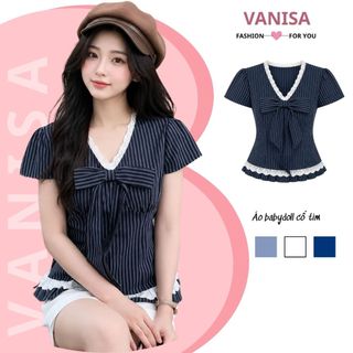 Áo sơ mi nữ cổ v phối ren babydoll có dây buộc eo xinh ngắn tay chất voan mềm xanh trắng VANISA SMS565