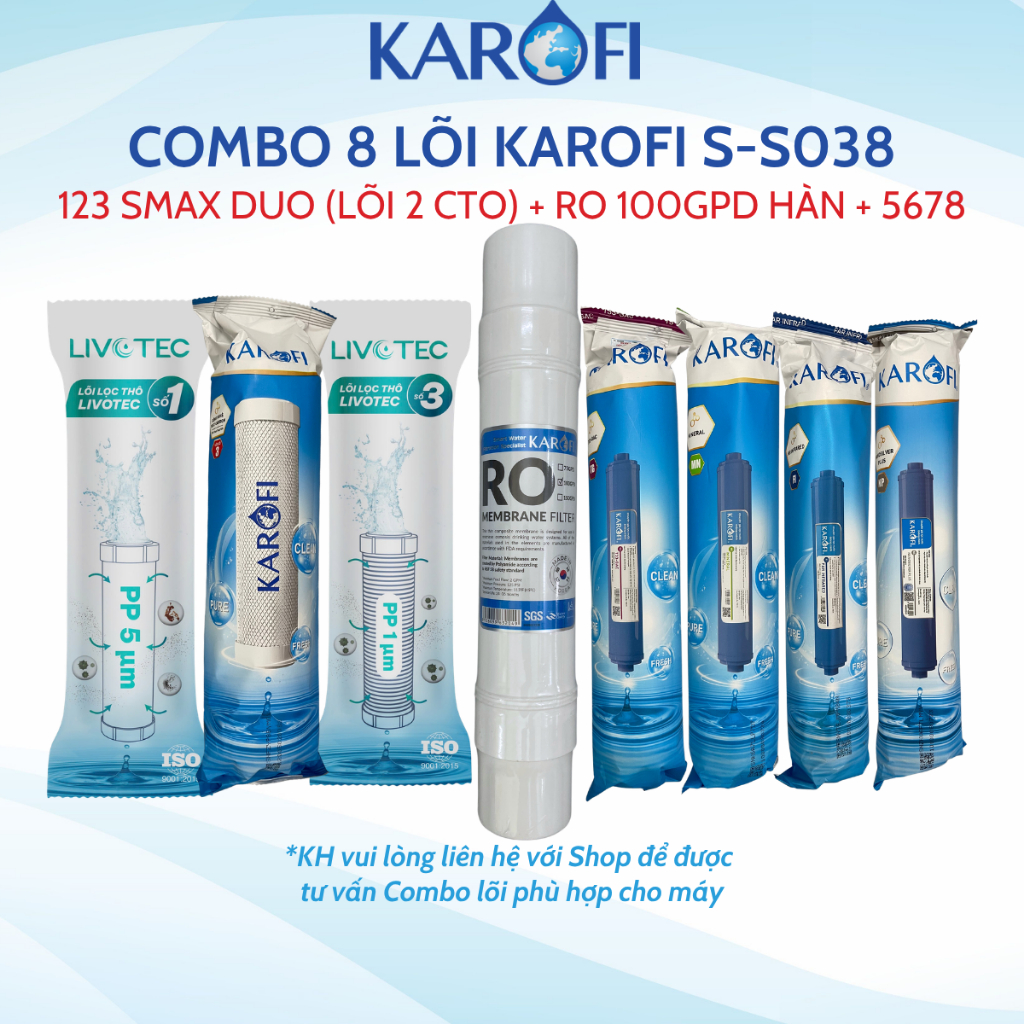 Combo 8 Lõi Lọc Nước Karofi Cho Model Slim S-S038 Gồm 12CTO3 - Màng RO100GPD Hàn - T33 Mineral Far Nano