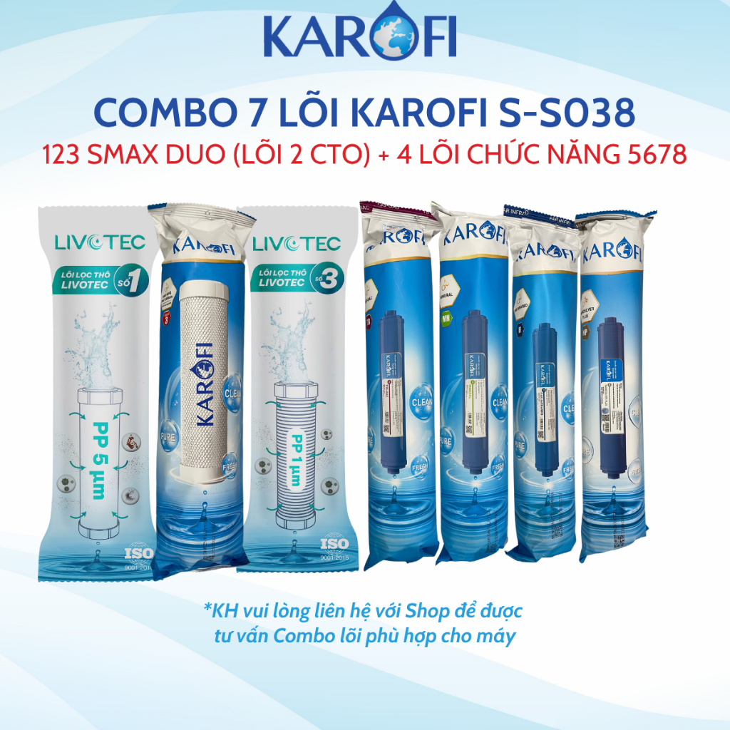 Combo 8 Lõi Lọc Nước Karofi Cho Model Slim S-S038 Gồm 12CTO3 - Màng RO100GPD Hàn - T33 Mineral Far Nano