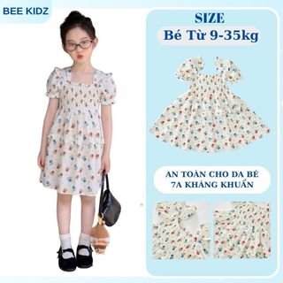 Váy Cho Bé Gái, Váy Tay Bồng Cho Bé Gái Họa Tiết Hoa Hồng Xinh Xắn Chất Liệu Cotton Mềm