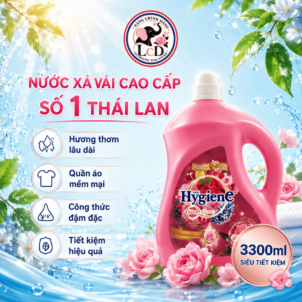Can Nước Xả Vải Đậm Đặc Hygiene 3300ml 3 mùi hương nhẹ nhàng - thơm dịu nhẹ mùa hè nóng bức | LcD Thailand Mart