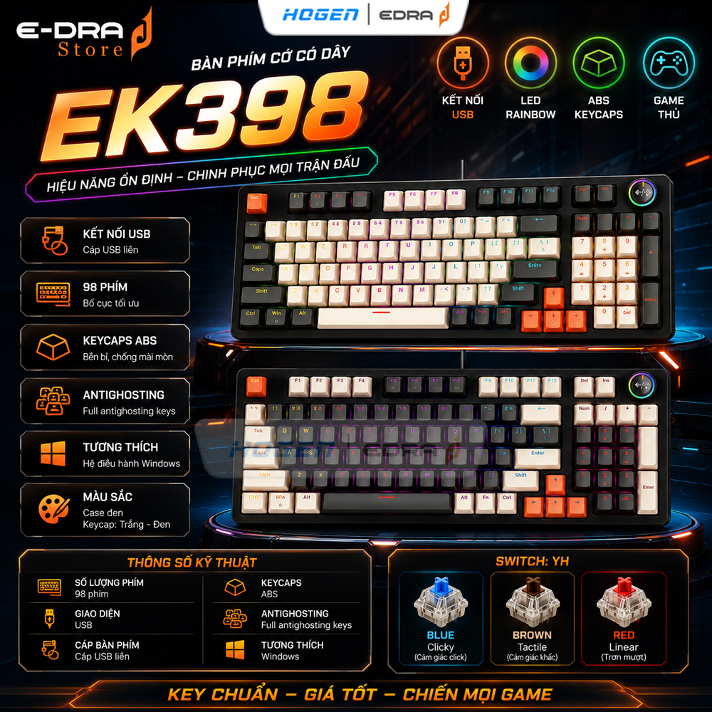 Bàn phím chơi game cơ EDRA EK398 Beta/Alpha | USB | Led RGB | Switch (Blue/Red/Brown) | Bảo Hành 24TH | BigBuy360 - bigbuy360.vn