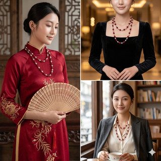 [N1142] Vòng Cổ, Dây Chuyền Mix Ngọc Nhân Tạo Hạt Xám Đỏ Đậm Dài 120cm Thanh Lịch Cho Nữ - DAISYN