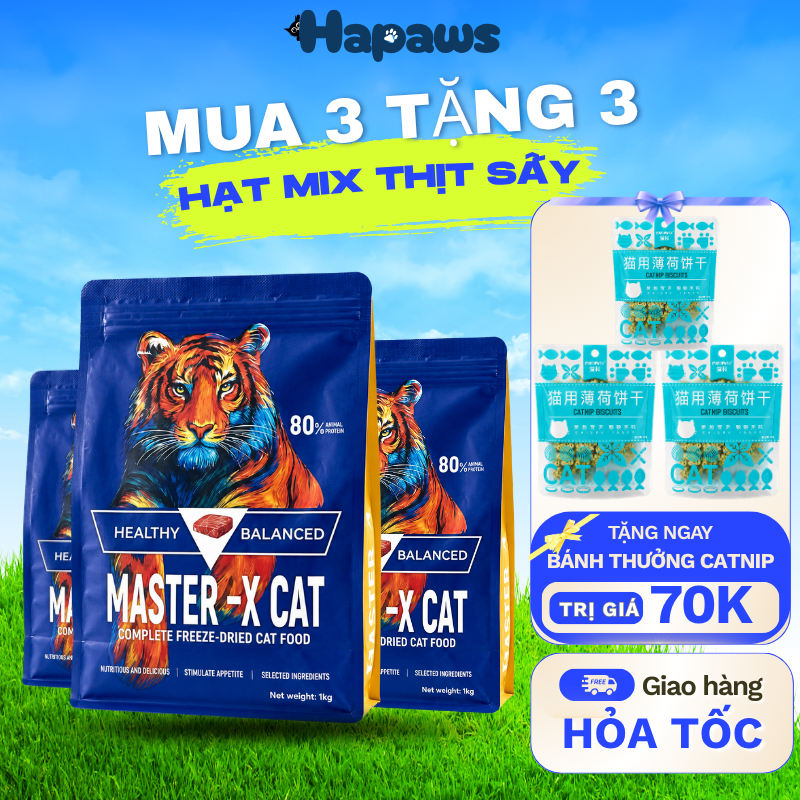 [Combo 3 Túi 1KG] Thức Ăn Hạt Mix Thịt Sấy Master X Cat Cho Mèo Với 3 Loại Thịt Sấy: Thịt Gà, Thịt Xương, Tôm Krill