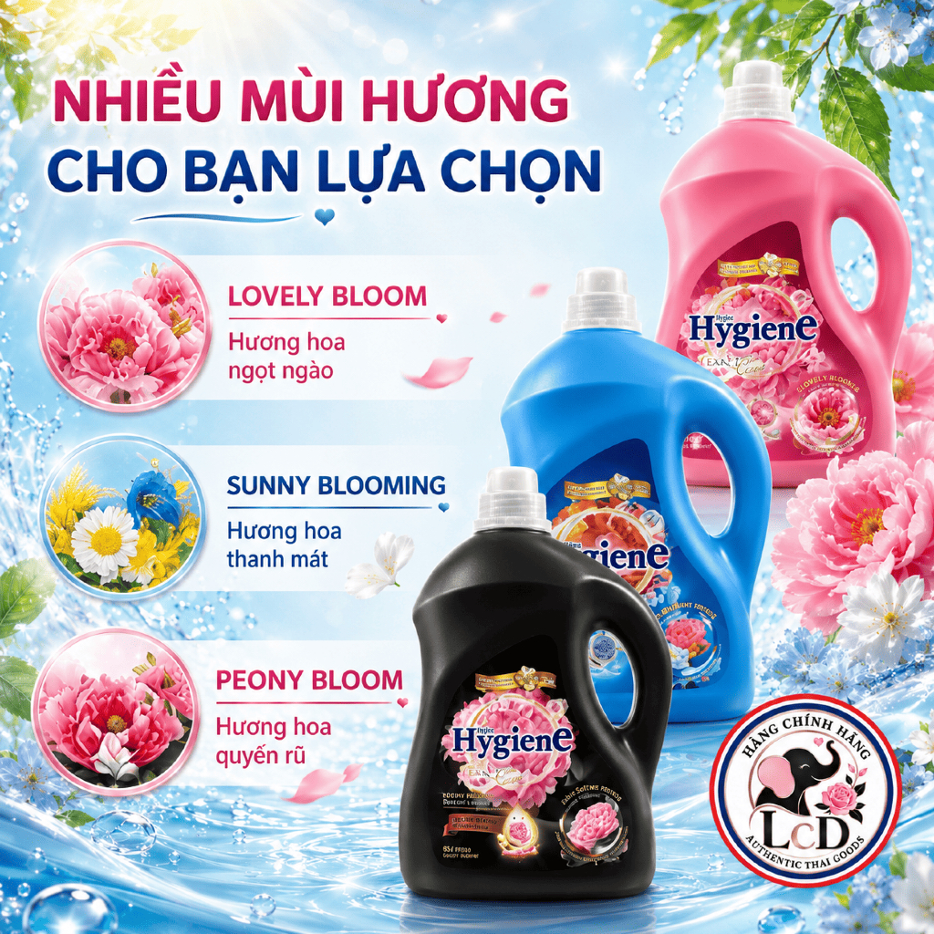 Can Nước Xả Vải Đậm Đặc Hygiene 3300ml 3 mùi hương nhẹ nhàng - thơm dịu nhẹ mùa hè nóng bức | LcD Thailand Mart